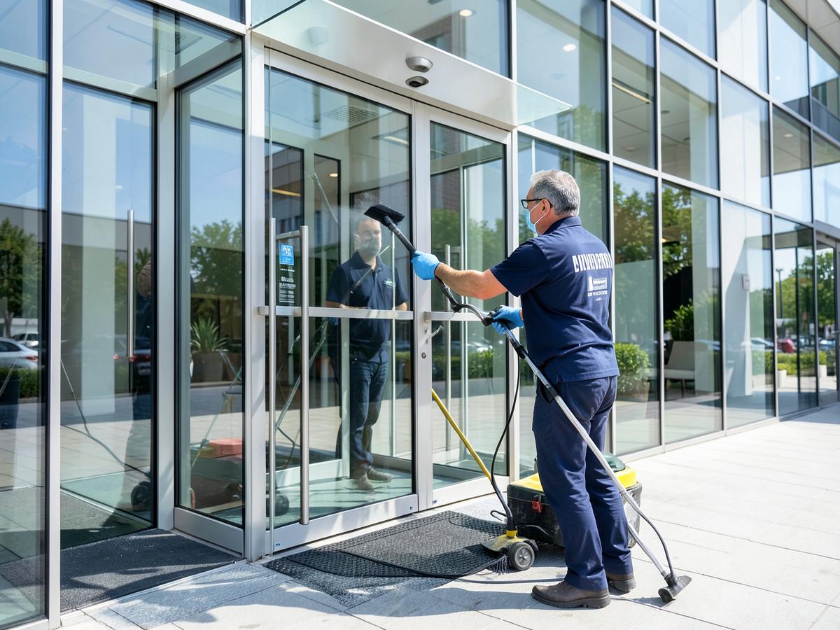 Professioneller Reinigungskraft reinigt eine Glasfassade